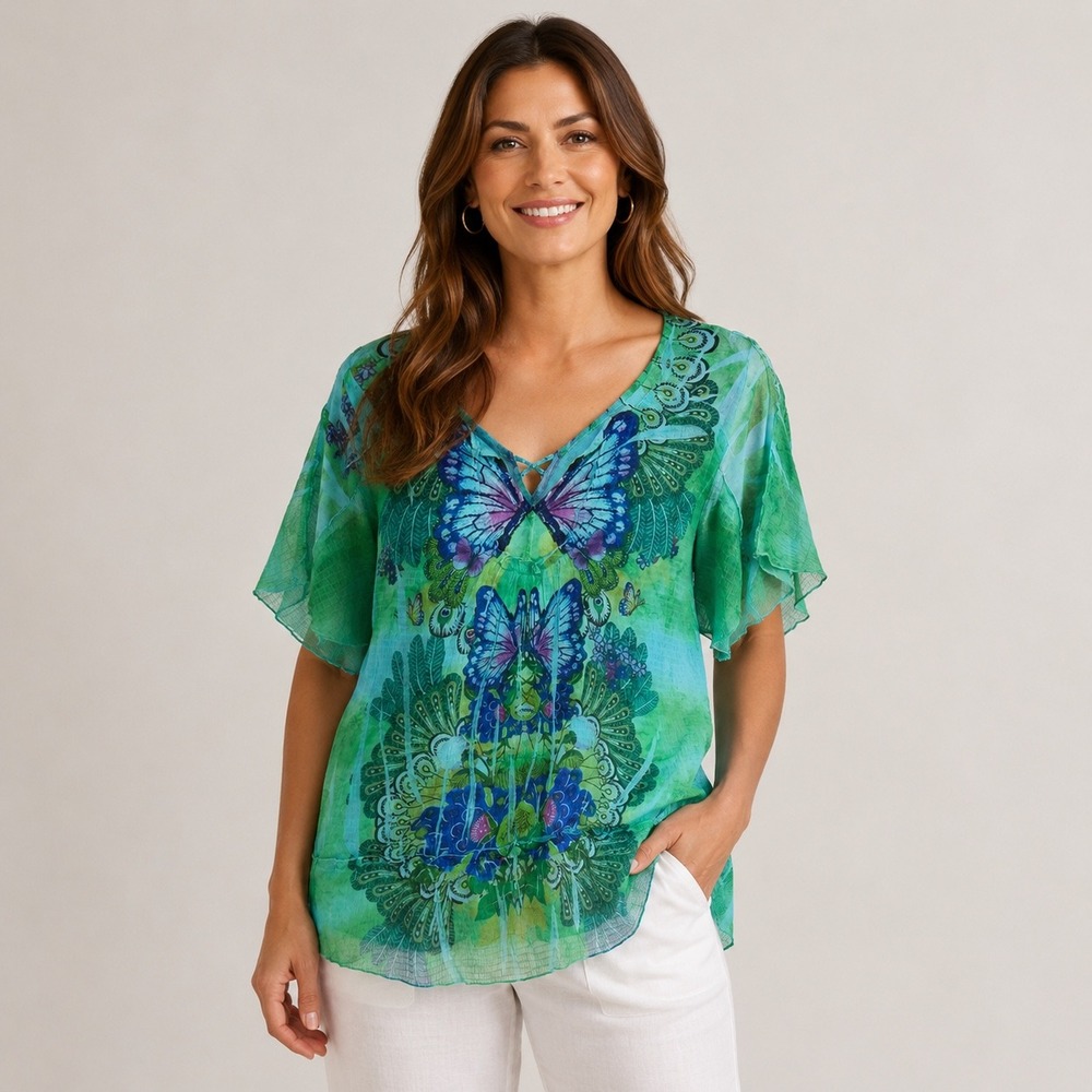 Y2K One World Top Womens M Butterfly Peacock Green Blue Fairy Hippie Boho